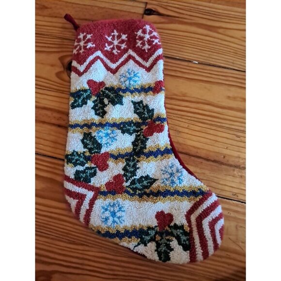Unbranded Other - Vintage Hooked Loop Christmas Stocking Holly, Berries & Snowflakes Thick Wool